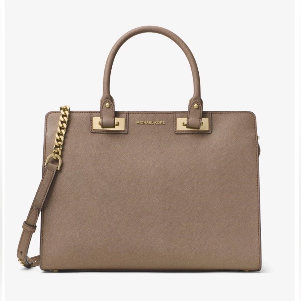 Michael Kors Taupe Saffiano Satchel with Gold Hardware